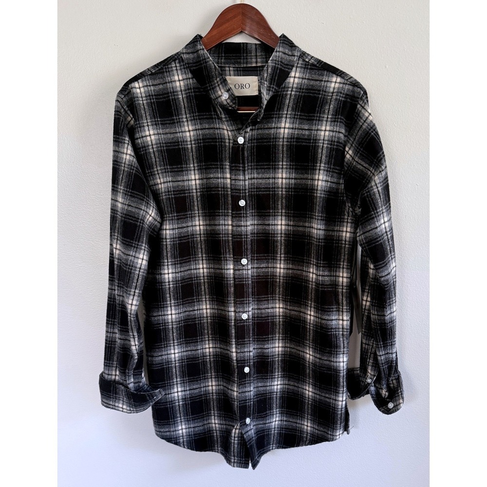 ORO Los Angeles Men's Black Grey Plaid Flannel Button Down Shirt Cotton Sz S NWT